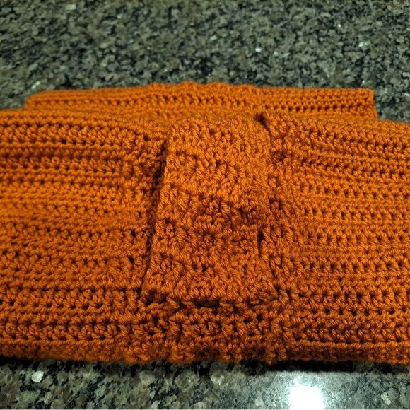 Handmade crocheted scarf, burnt orange color, with opening to secure scarf, 93" - Picture 7 of 8